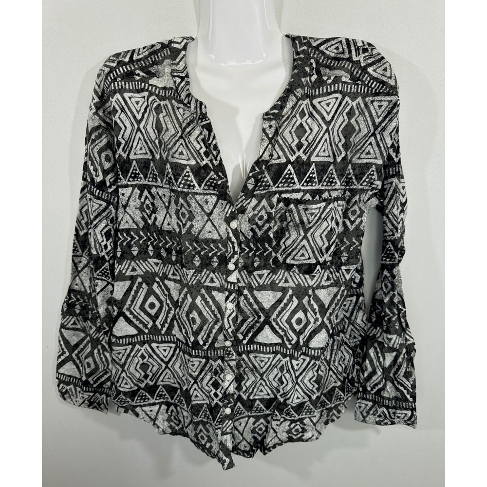 Divided H&M Black White Geometric Tribal Cotton Button Up Shirt Womens 6 Boho